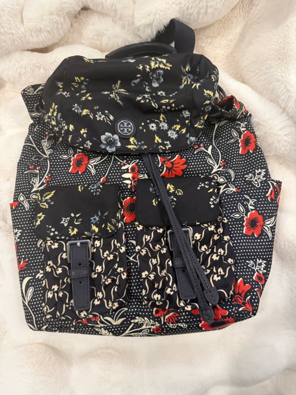 Tory Burch Black Floral Pattern Drawstring Backpack
